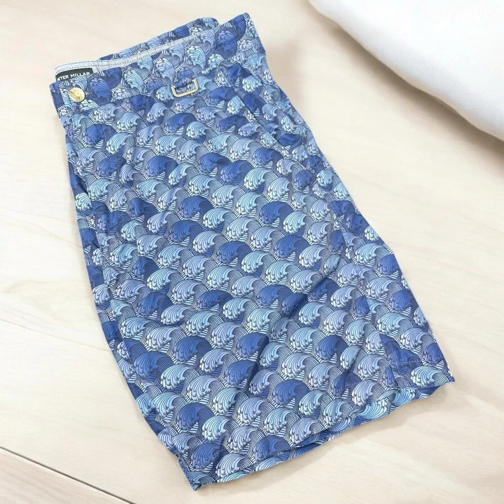 Peter Millar Men's Blue Swim Trunks All‎ Over Wave Print Size Large